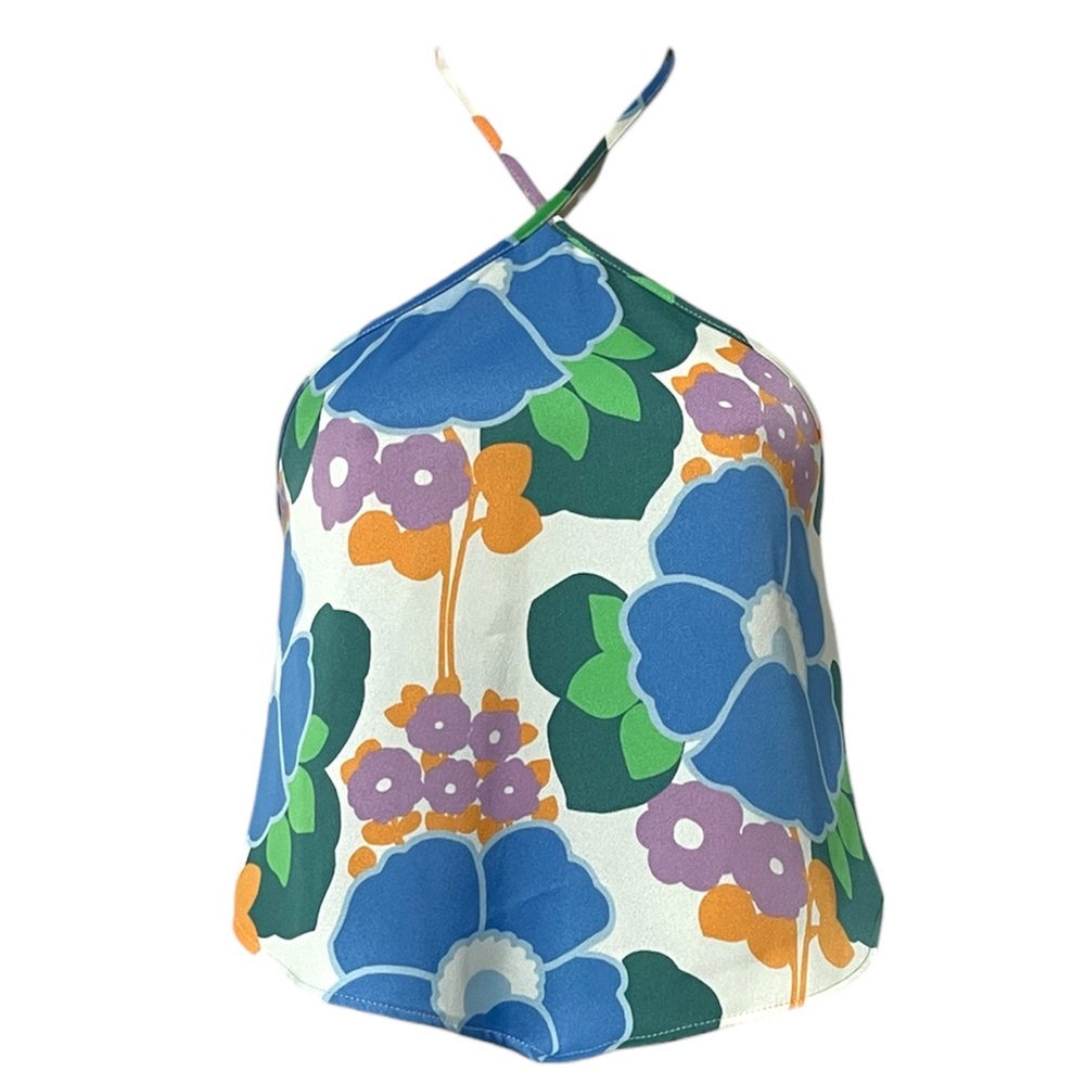 ZARA FLORAL HALTER TIE BACK CROP TOP FESTIVAL SMALL New